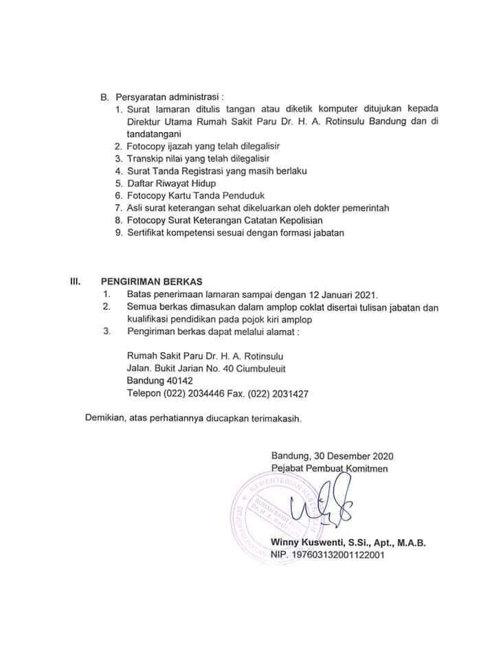 Penerimaan Calon Tenaga Kontrak Rumah Sakit Paru Dr H A Rotinsulu Bandung Poltekkes Kemenkes Jakarta I